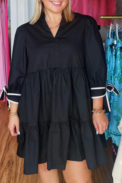 Black Contrast Trim Knot Cuffs Plus Size V Neck Mini Dress