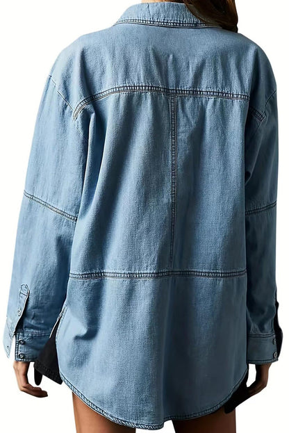 Dusk Blue Oversized Exposed Stitching Patchwork Notched Collared Pullover Denim Pullover Top