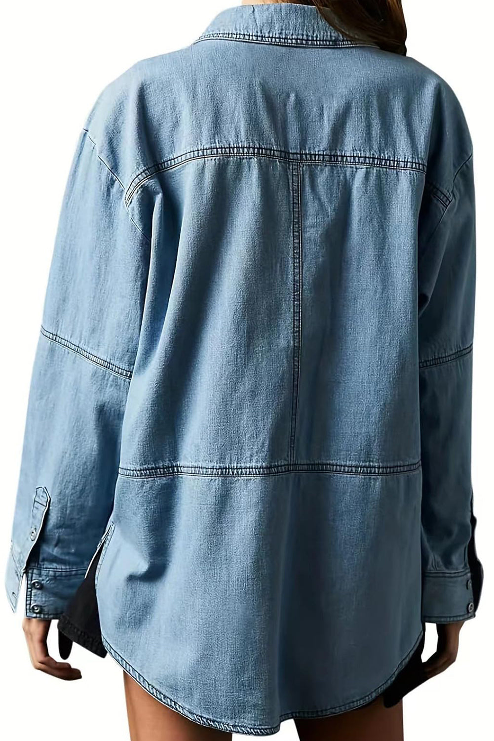 Dusk Blue Oversized Exposed Stitching Patchwork Notched Collared Pullover Denim Pullover Top