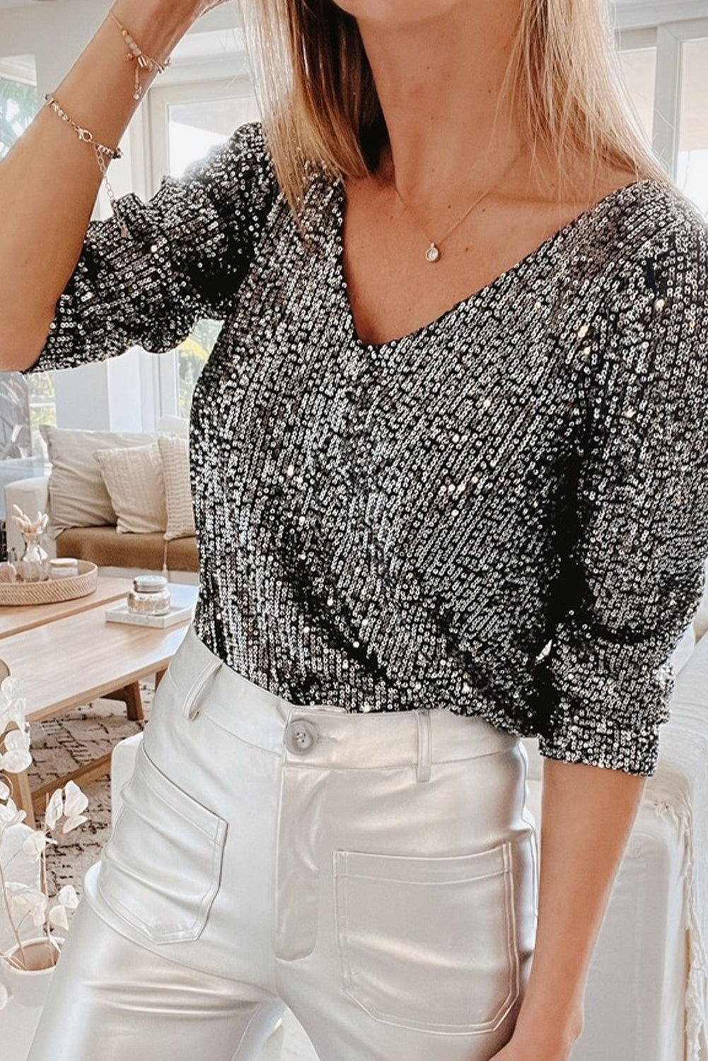Silvery Sequin V Neck 3/4 Sleeve Top