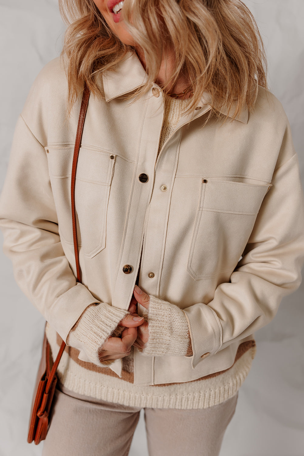 White Double Patch Pocket Snap Button Faux Suede Jacket