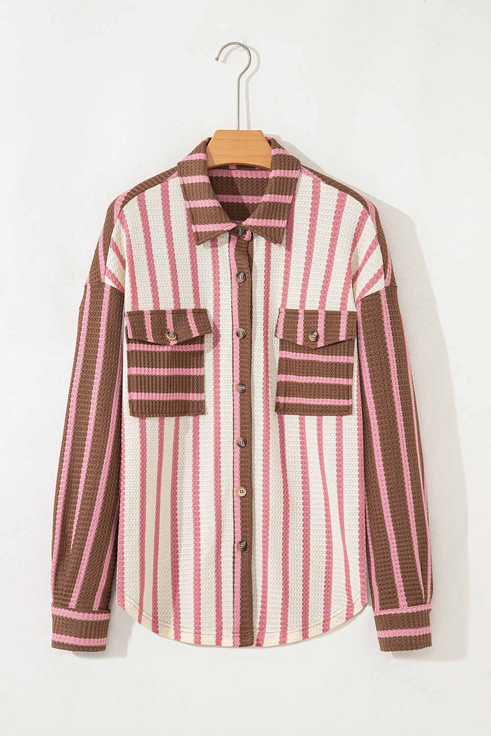 Multicolour Striped Knit Contrast Patchwork Button Flap Pocket Raw Hem Shacket
