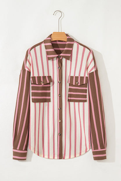 Multicolour Striped Knit Contrast Patchwork Button Flap Pocket Raw Hem Shacket