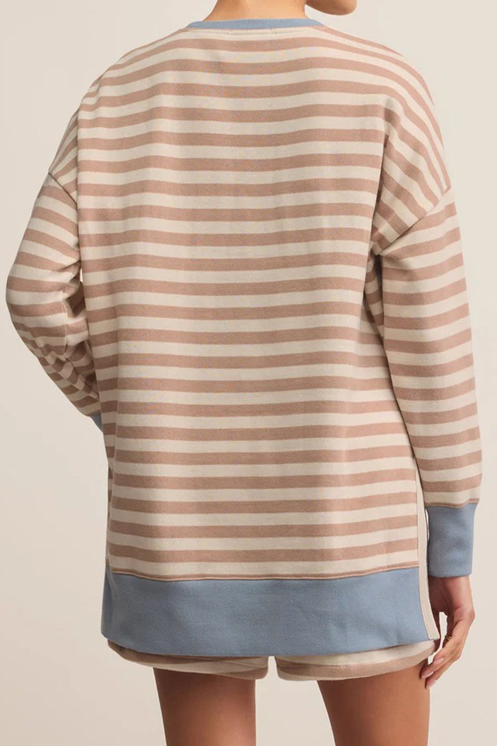 Khaki Stripe Color Block Patchwork Oversized Pullover Drawstring Shorts 2pcs Set