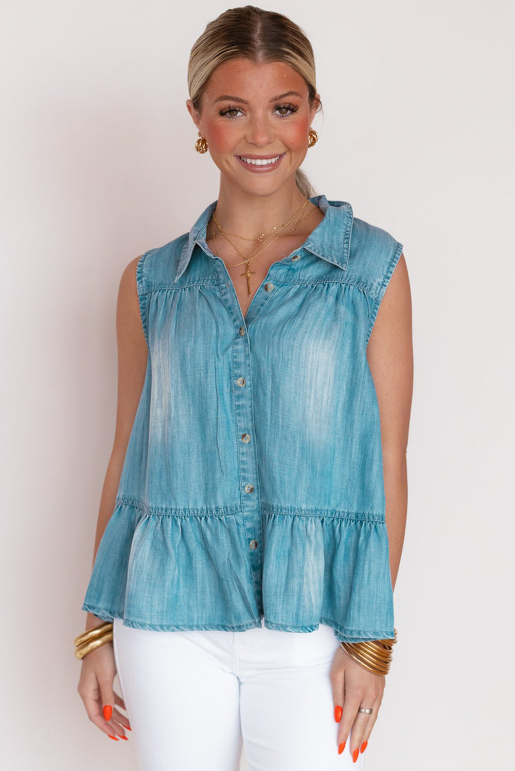Myosotis Collar Sleeveless Ruffle Hem Denim Shirt