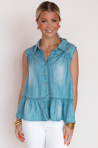 Myosotis Collar Sleeveless Ruffle Hem Denim Shirt
