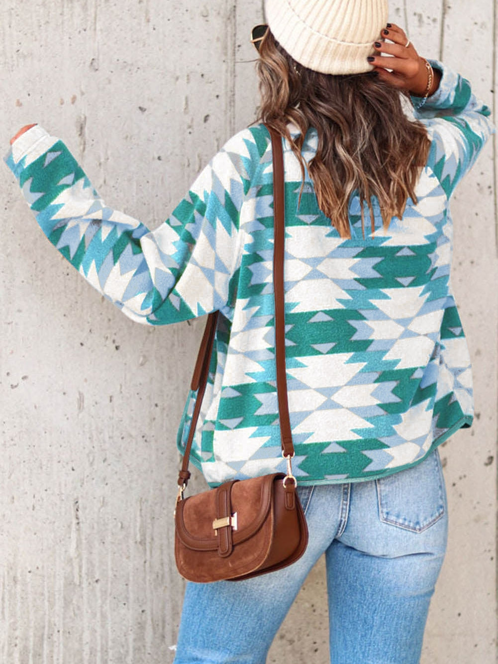 Green Geometric Aztec Pattern Plus Size Fleece Jacket