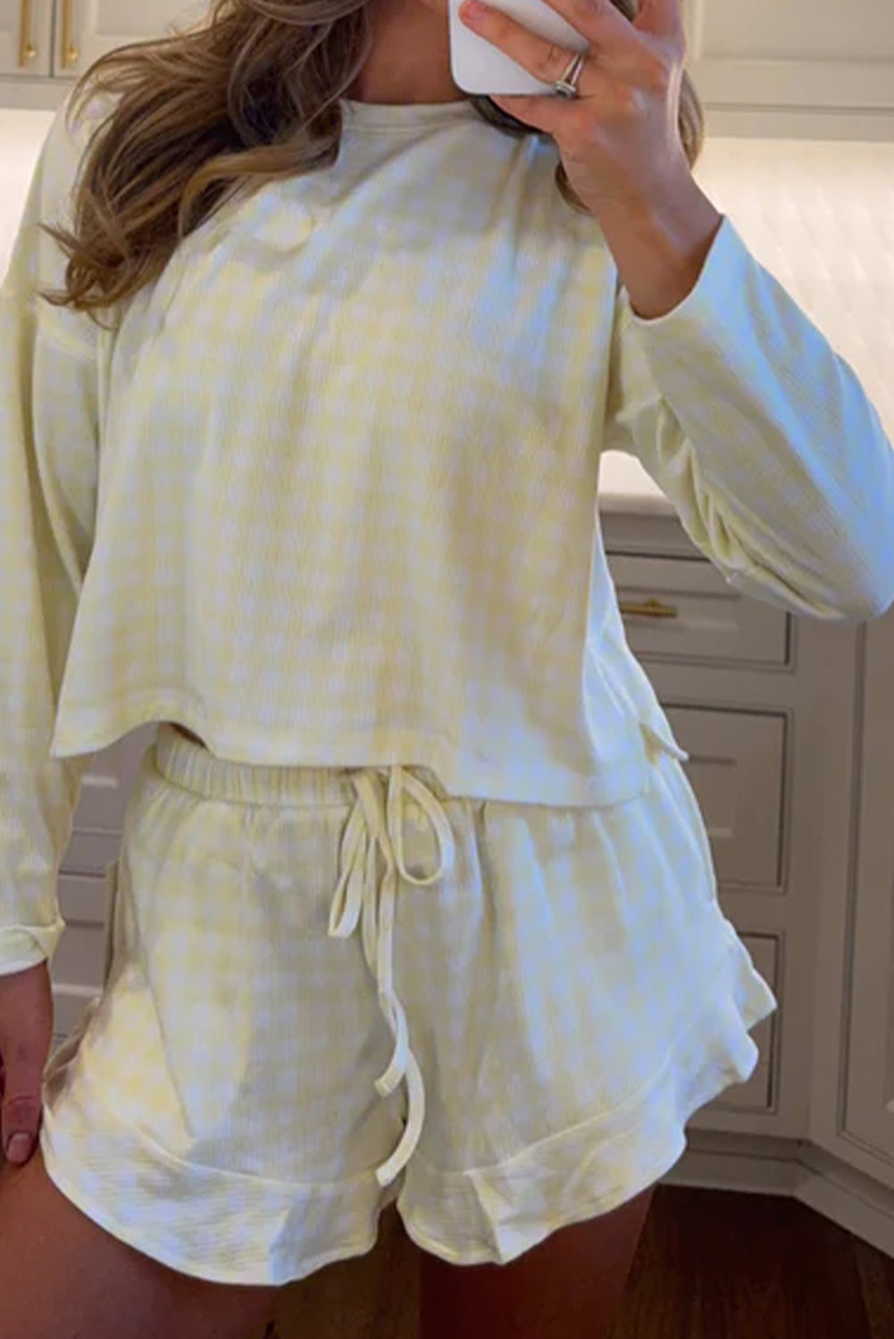 Yellow Gingham Long Sleeve Loose Top Drawstring Shorts 2pcs Pajama Set