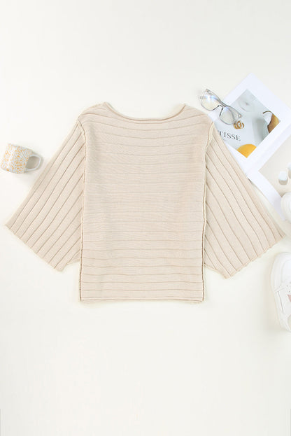 Apricot Ribbed Knit Dolman Sweater with Exposed Seams
