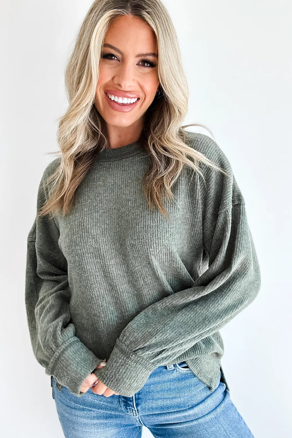 Mist Green Solid Color Ribbed Knit Raw Seam Long Sleeve Top