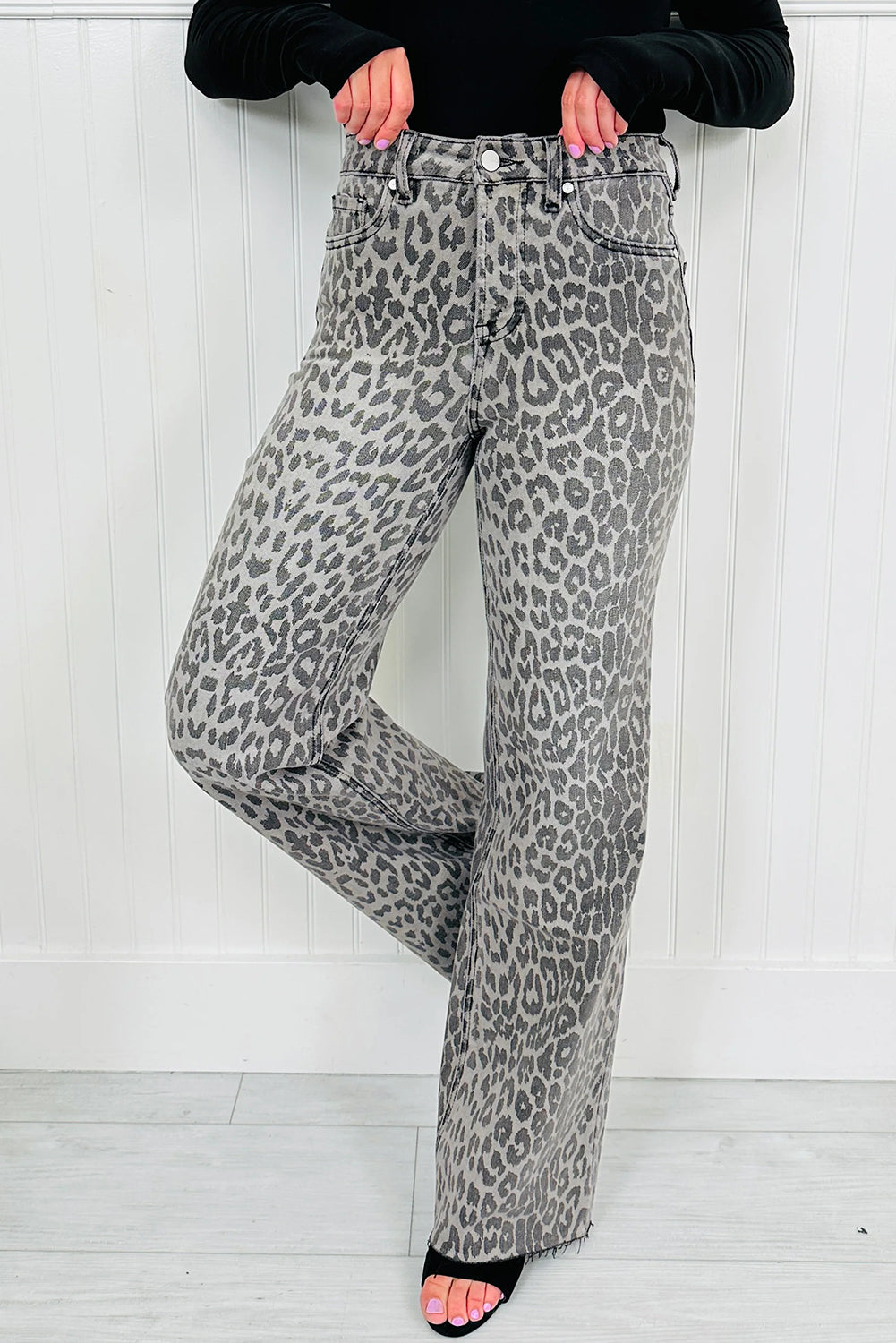 High-rise Leopard Print Tummy Control Raw Hem Jeans