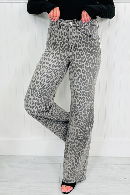 High-rise Leopard Print Tummy Control Raw Hem Jeans