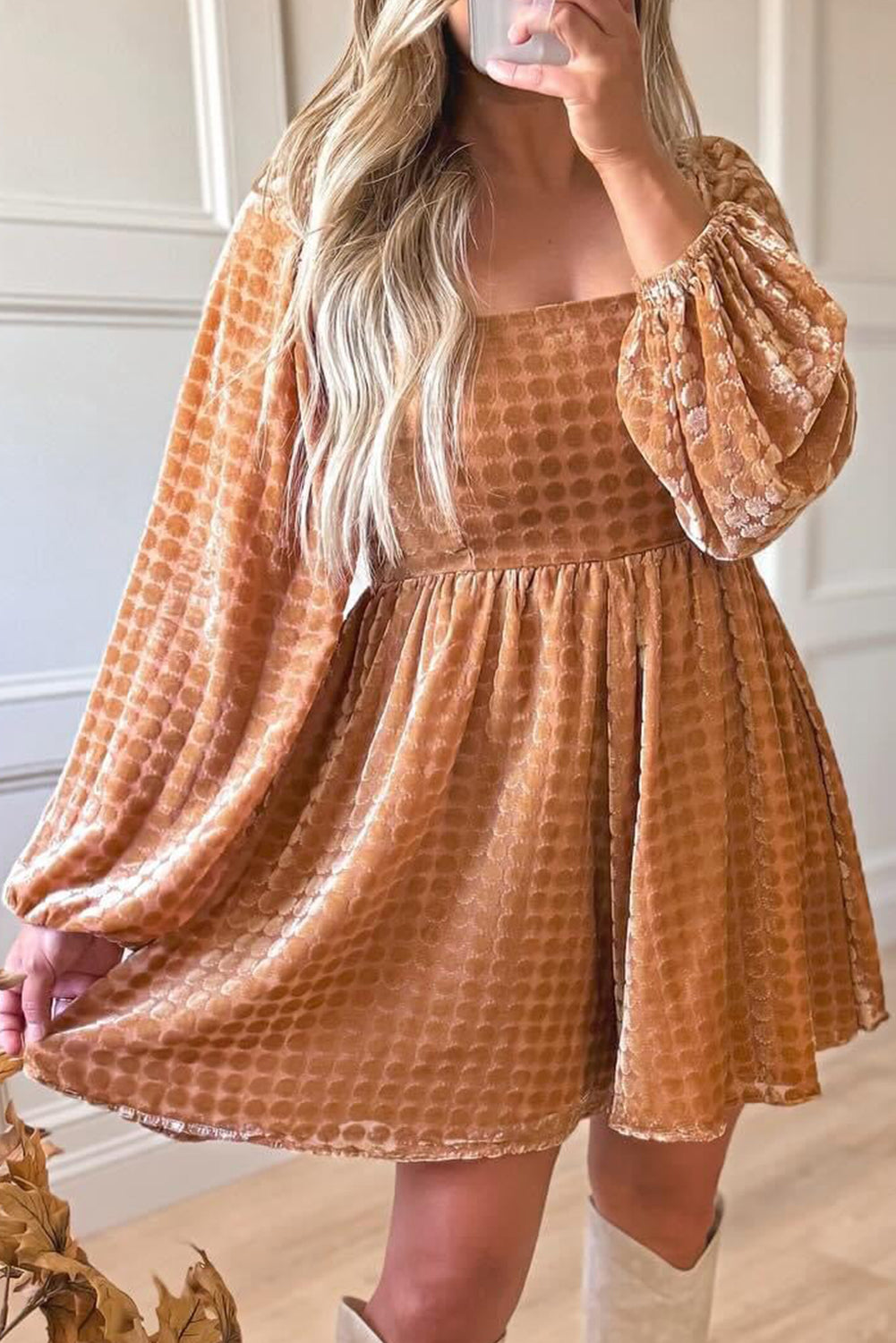 Grapefruit Orange Polka Dot Velvet Square Neck Long Sleeve Flared Romper
