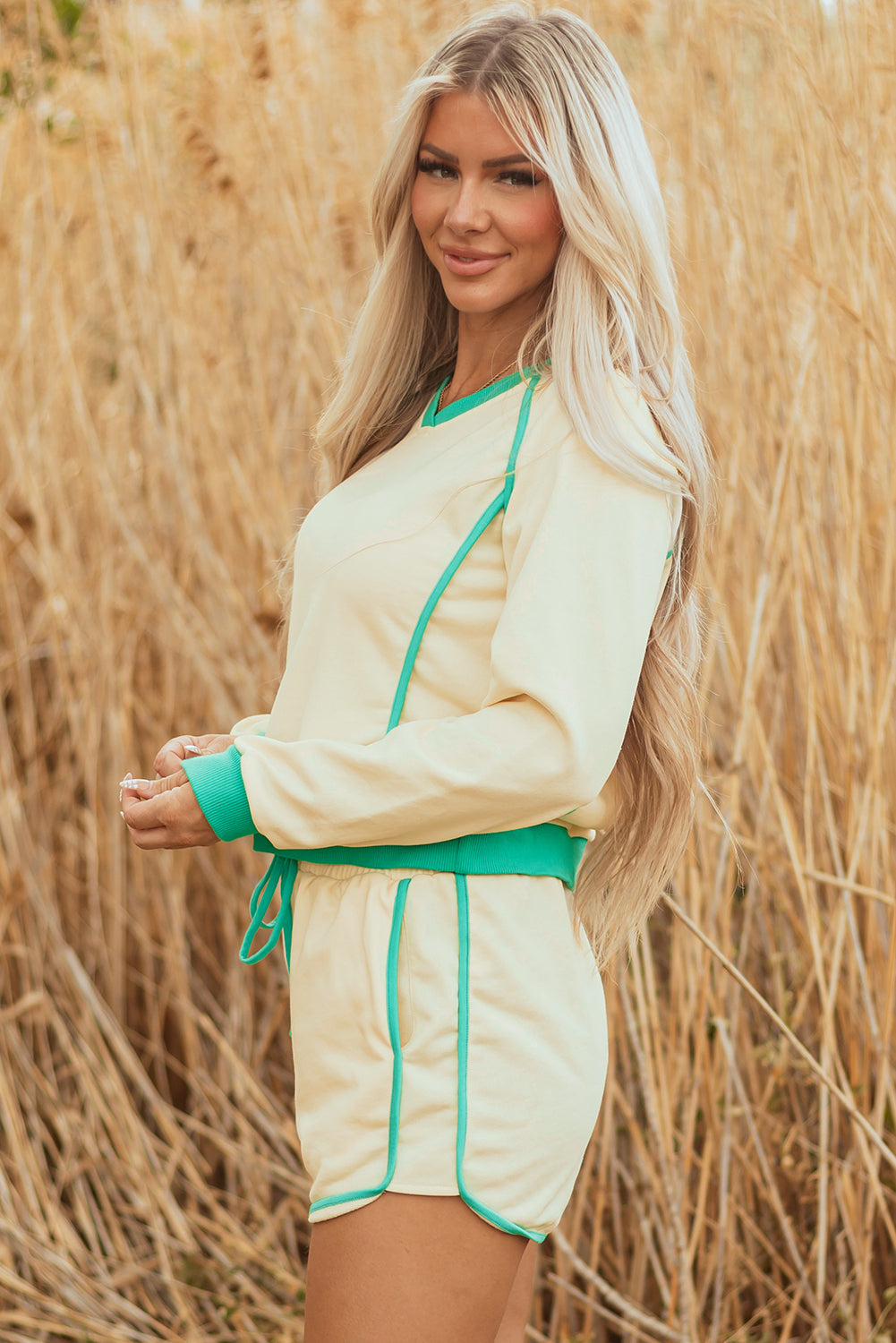 color block trim short set