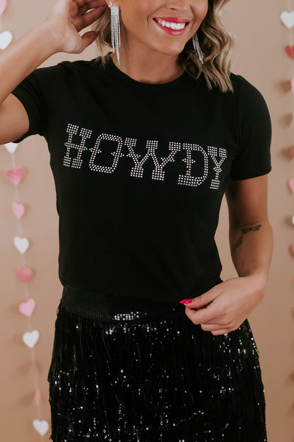 HOWDY Black Rhinestone Embellished Slim Fit Tee