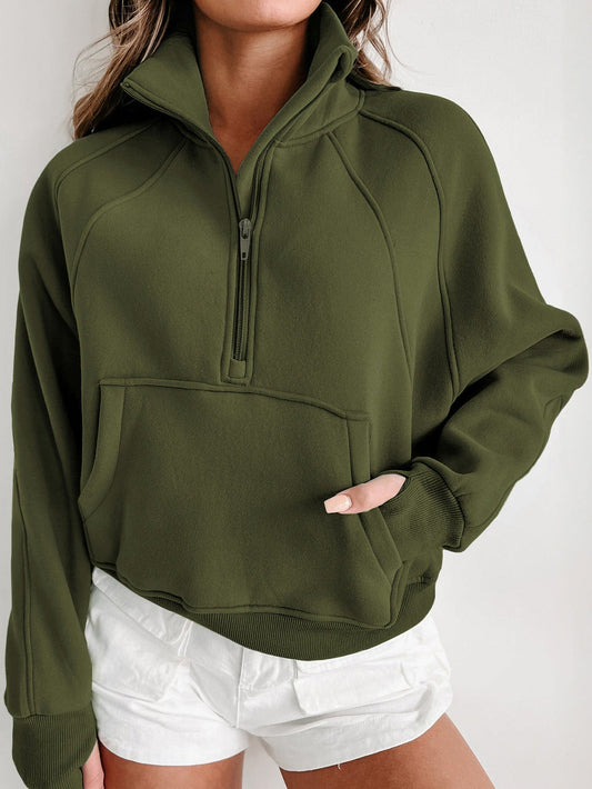 Green Ribbed Stand Collar Thumbhole Sleeve Casual Sweatshirt with Zipper