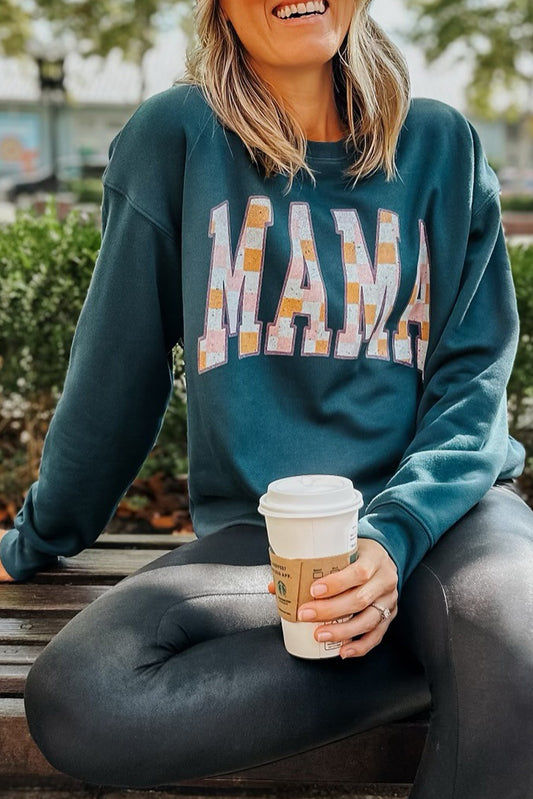 Blue Sapphire Checkered MAMA Graphic Drop Shoulder Crew Neck Sweatshirt