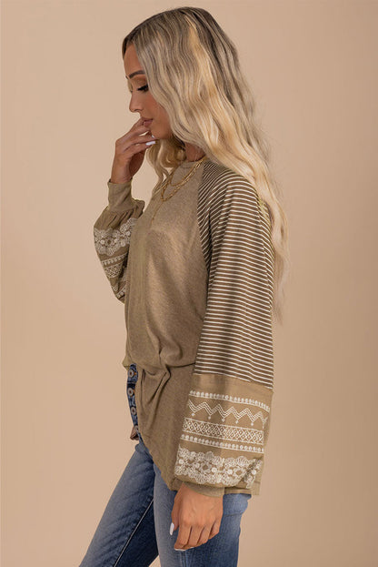 Brown Contrast Print Striped Raglan Long Sleeve Loose Top