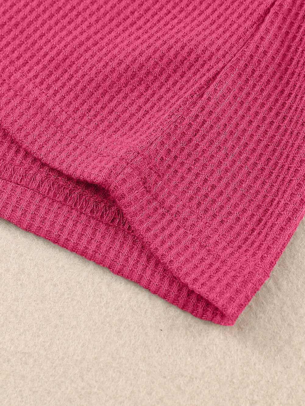 Strawberry Pink Plus Size Contrast Lace Sleeve Waffle Knit Top