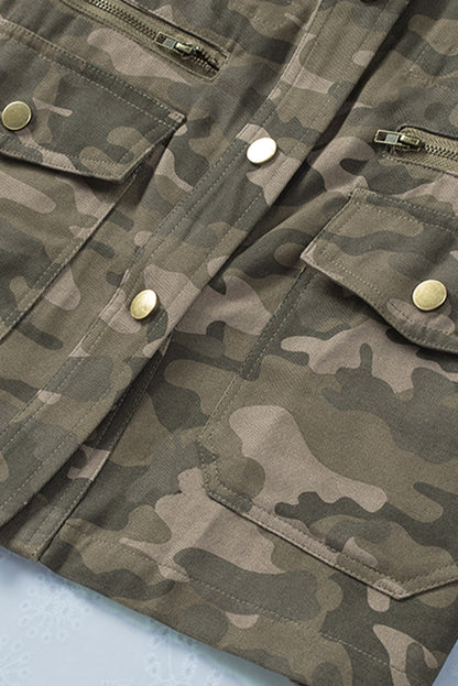 Green Camouflage Print Utility Jacket with Button Closure and Multiple Pockets
