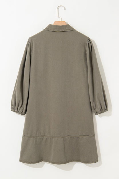 Vineyard Green V Neck Collared Single Chest Pocket Long Sleeve Denim Dress