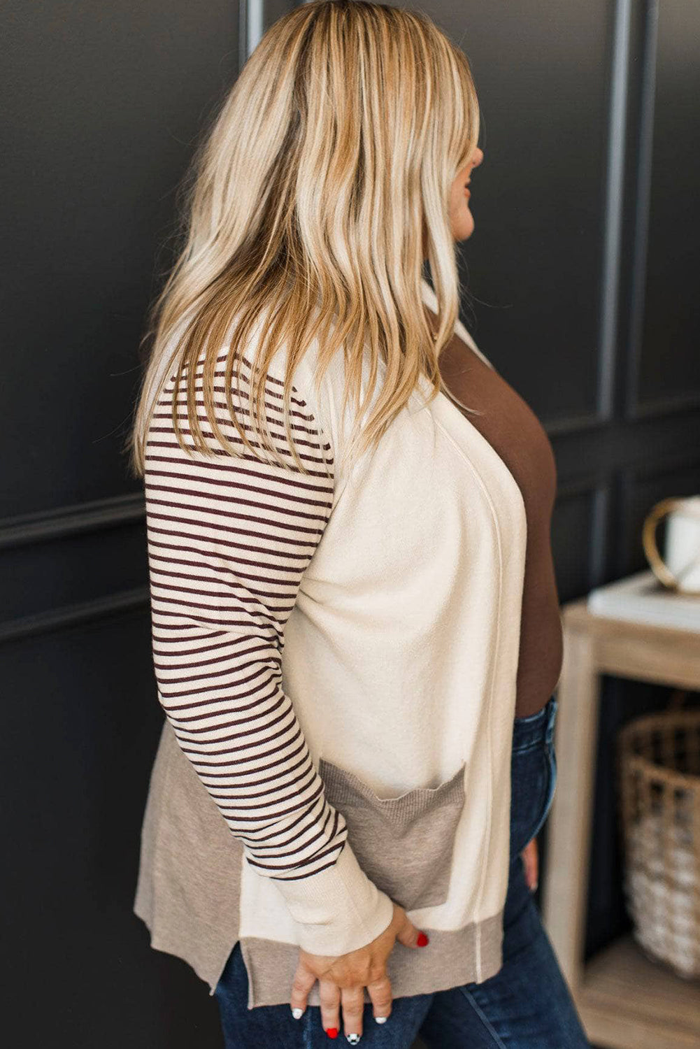 Oatmeal Color Block Patchwork Striepd Sleeve Contrasted Plus Size Sweater Cardigan