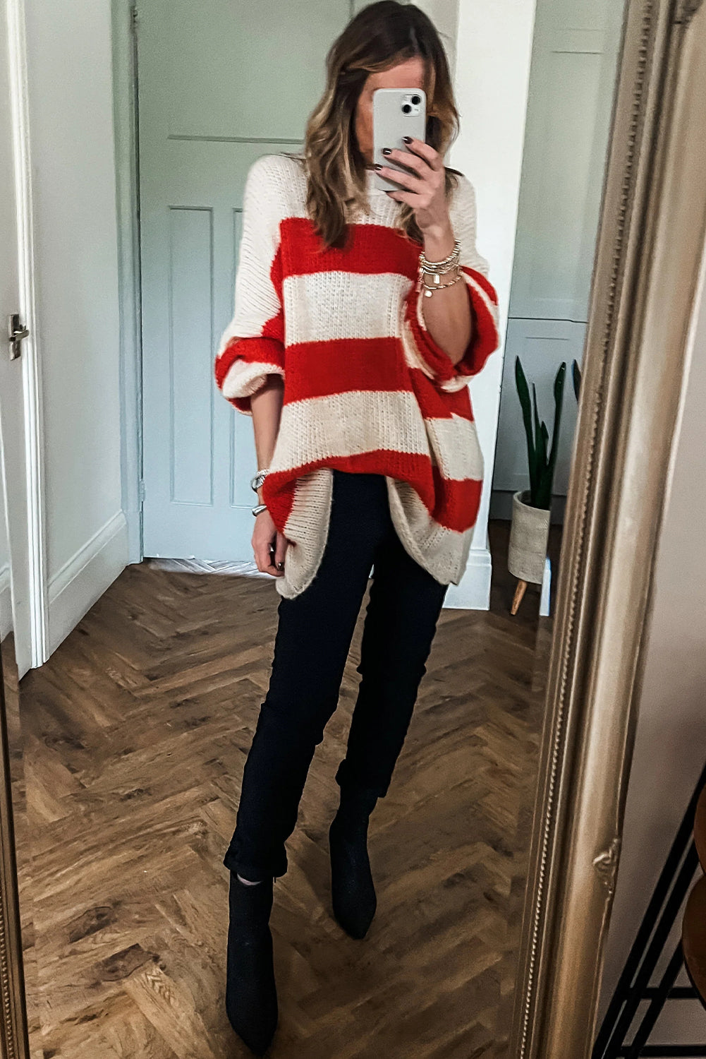 Red Stripe High Neck Oversized Knit Tunic Sweater