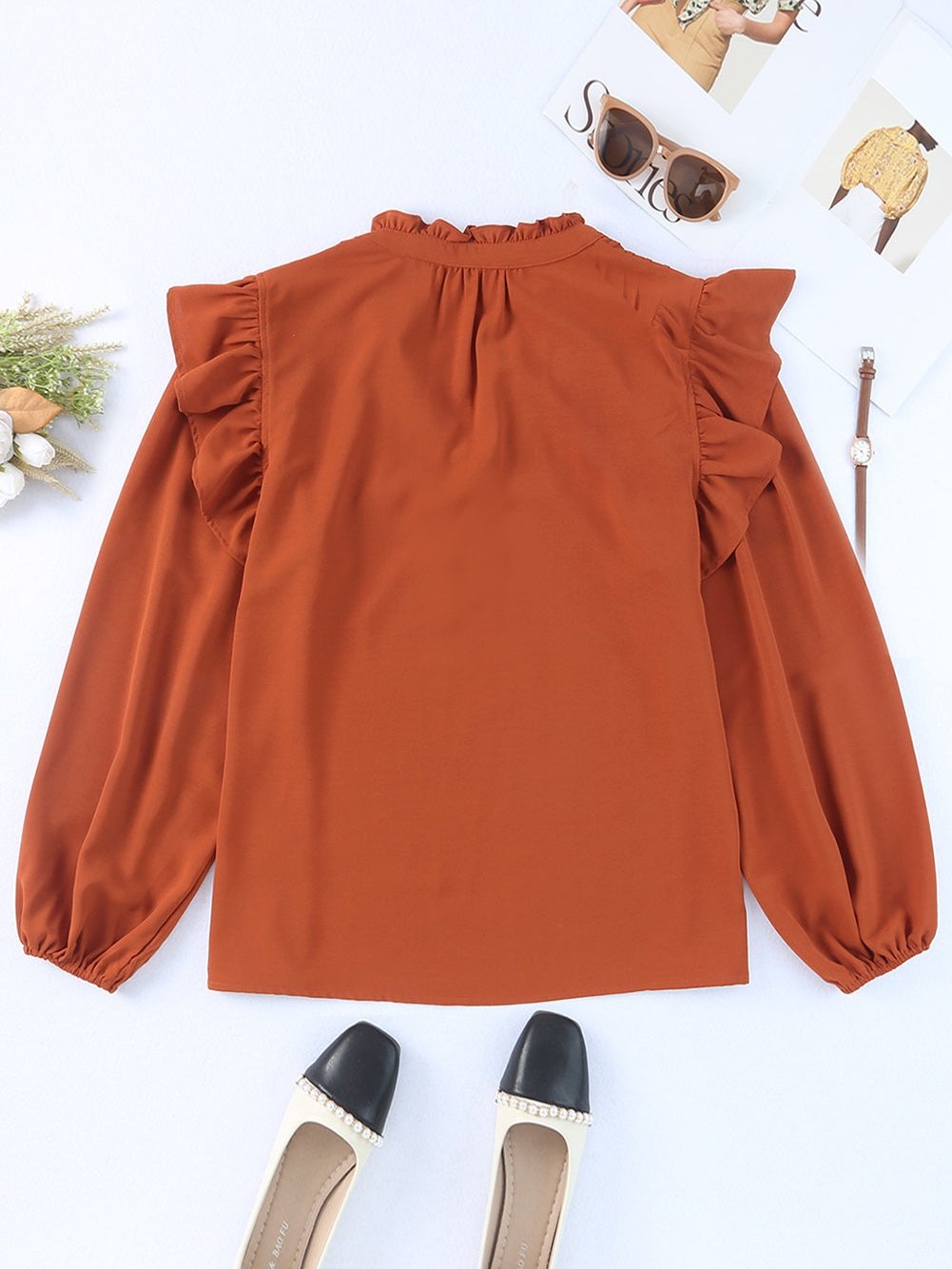 Elegant Brown V-Neck Ruffle Pleated Blouse