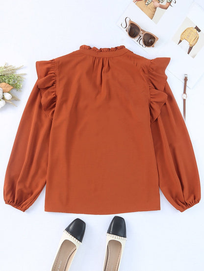 Elegant Brown V-Neck Ruffle Pleated Blouse