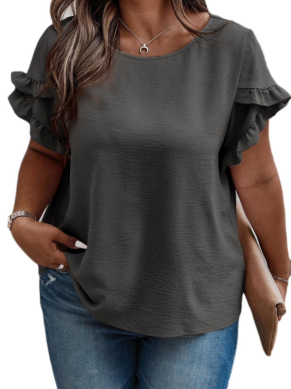 Dark Grey Ruffled Short Sleeve Plus Size Top