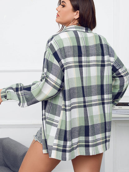 Green Printed Plus Size Chest Pocket Plaid Shirt
