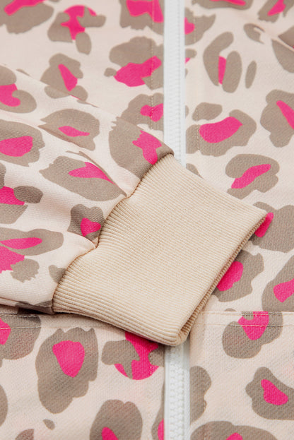 Rose Leopard Print Zip-up Hooded Sweatshirt