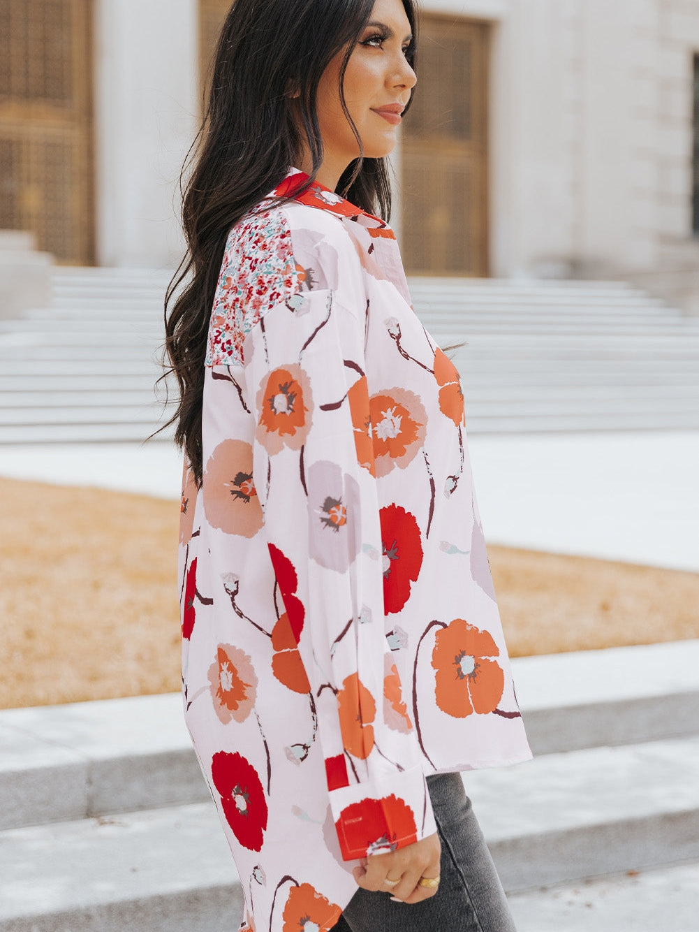 Fiery Red Floral Patchwork Button-Up Blouse with Front Pocket