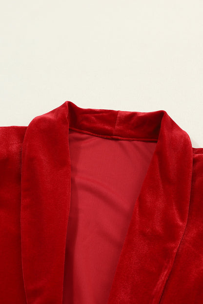 Fiery Crimson Velvet Open Front Long Duster with Pockets