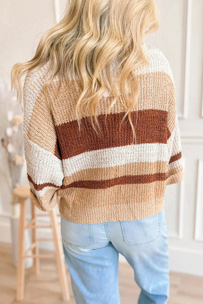 Khaki Striped Color Block Knit Split Neck Loose 3/4 Sleeve Side Split Sweater