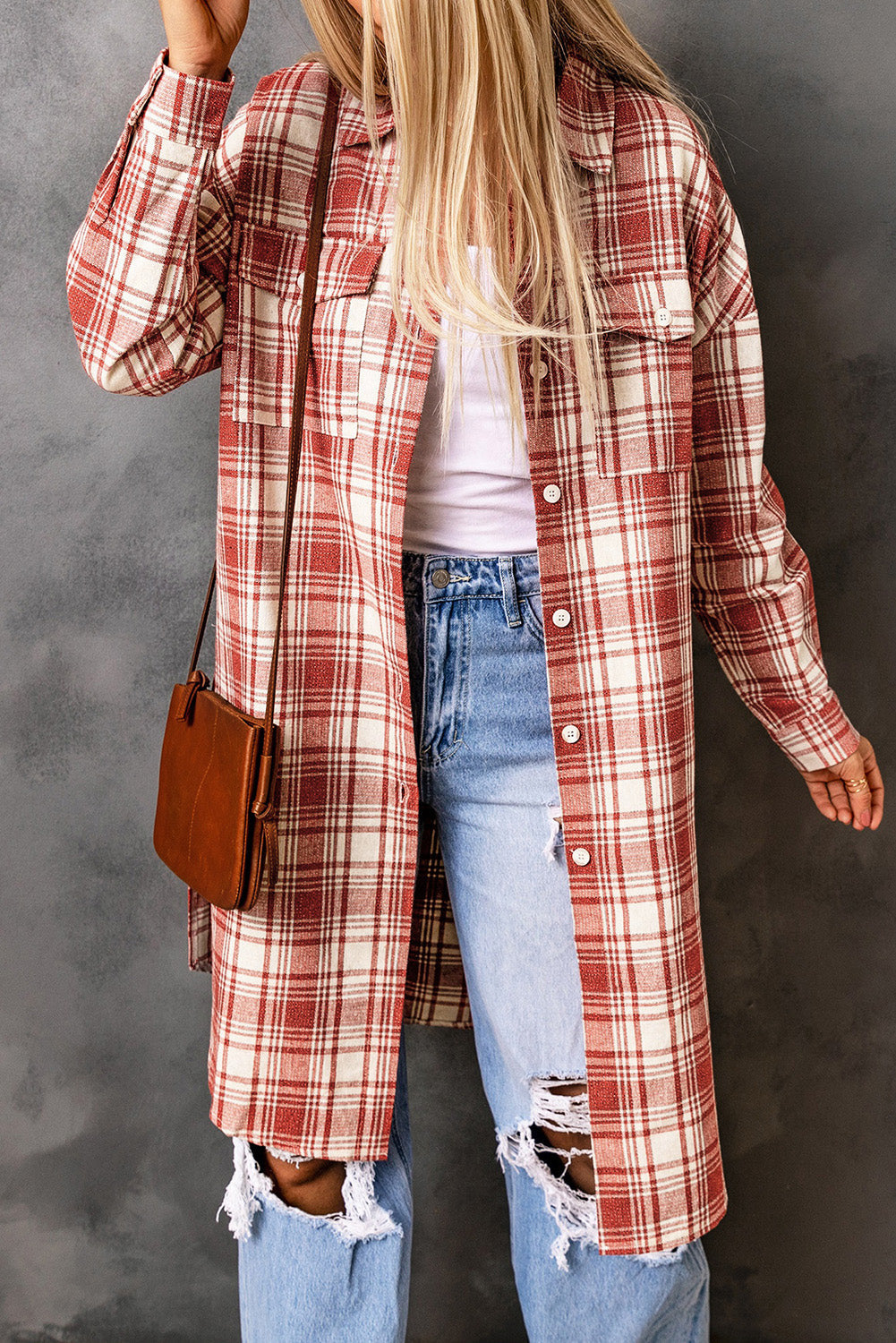 Fiery Red Plaid Print Longline Button-Up Jacket