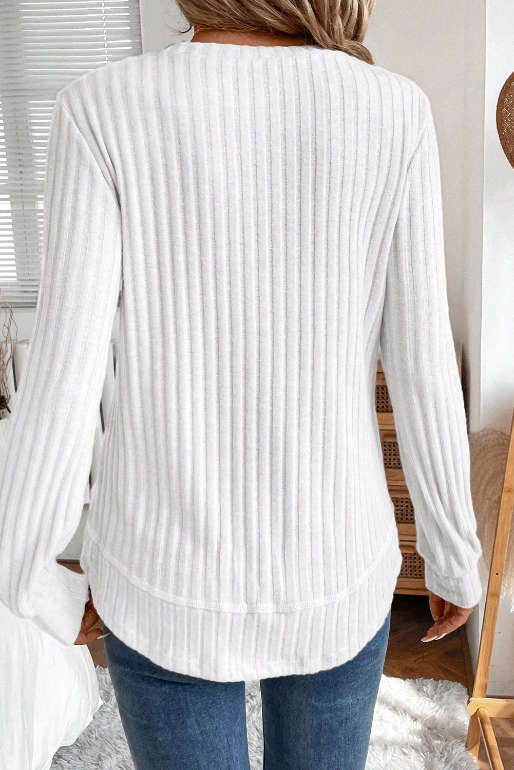 White Ribbed Texture Round Neck Long Sleeve Rounded Hem Knit Top
