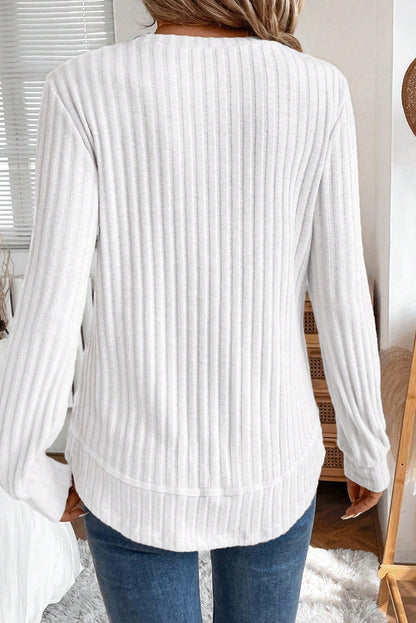 White Ribbed Texture Round Neck Long Sleeve Rounded Hem Knit Top