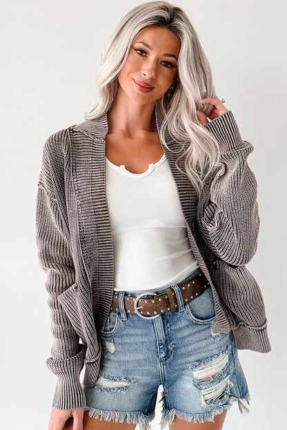 Dark Brown Mineral Wash Exposed Seam Patchwork Knit Open Sweater Cardigan
