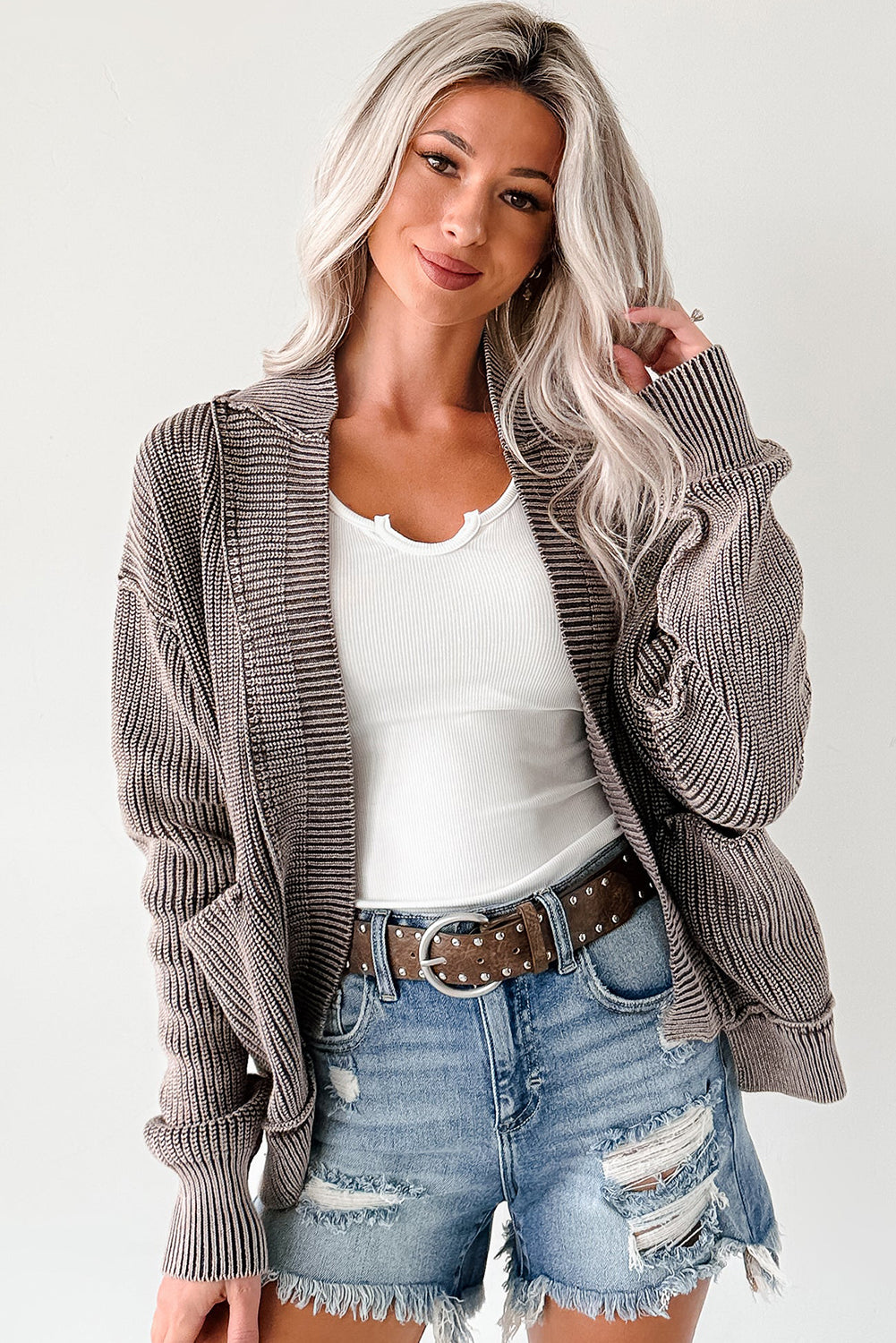 Dark Brown Mineral Wash Exposed Seam Patchwork Knit Open Sweater Cardigan