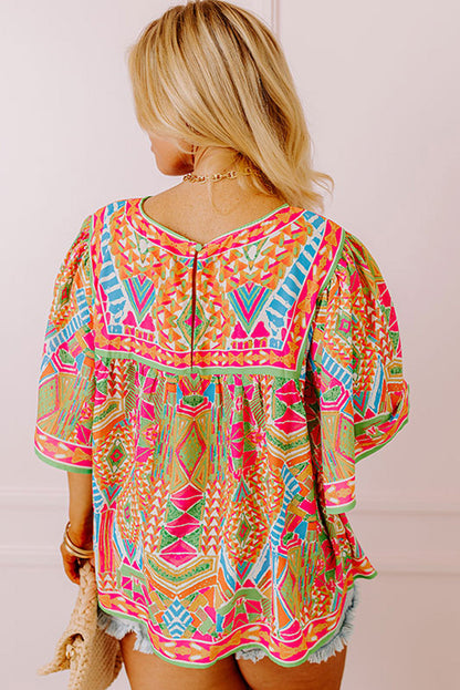 Green Bohemian Geometric Print Wide Sleeve Plus Size Blouse