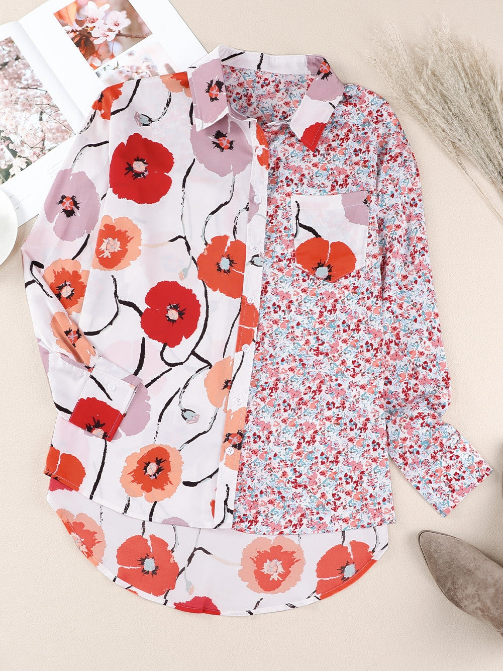 Fiery Red Floral Patchwork Button-Up Blouse with Front Pocket