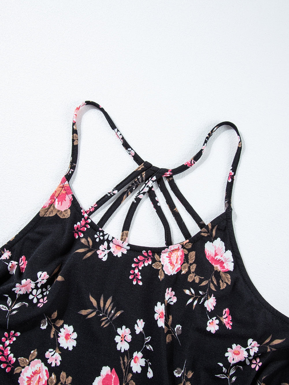 Floral Strappy Racerback Tank Top in Black Plus Size