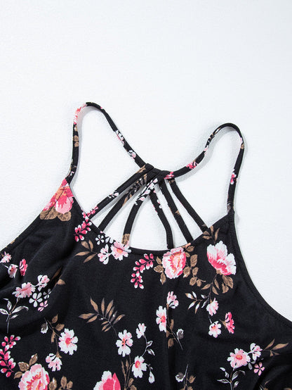 Floral Strappy Racerback Tank Top in Black Plus Size