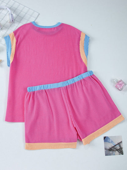 Vibrant Pink Patchwork Knit Lounge Set for Plus Size Women