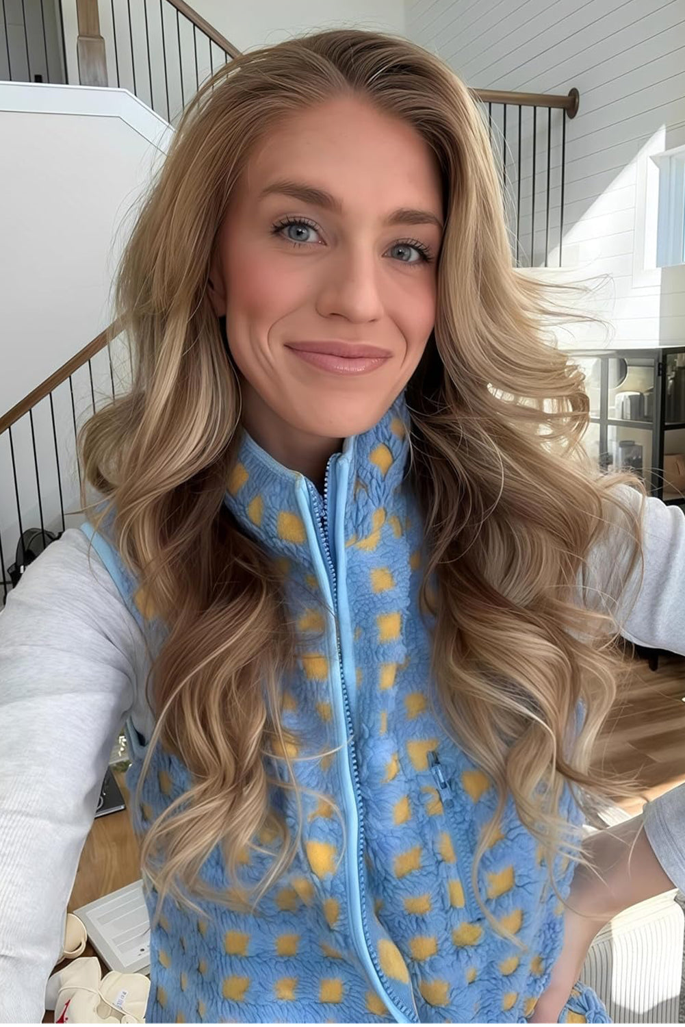 Light Blue Checkered Texture Plush Zip Up Winter Vest