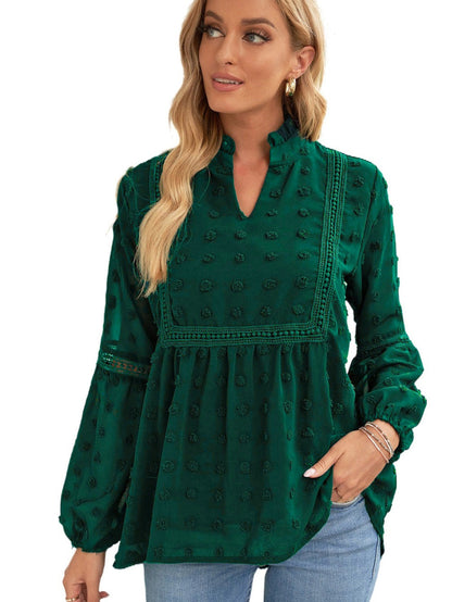 Green Polka Dot Lace Ruffle Split Neck Puff Sleeve Blouse