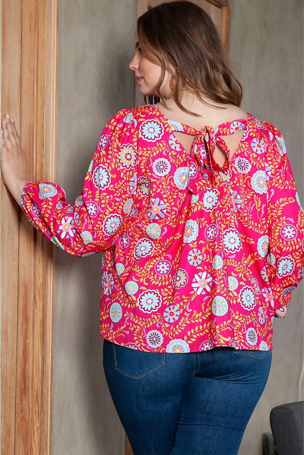 Pink Floral Square Neck Plus Size Blouse