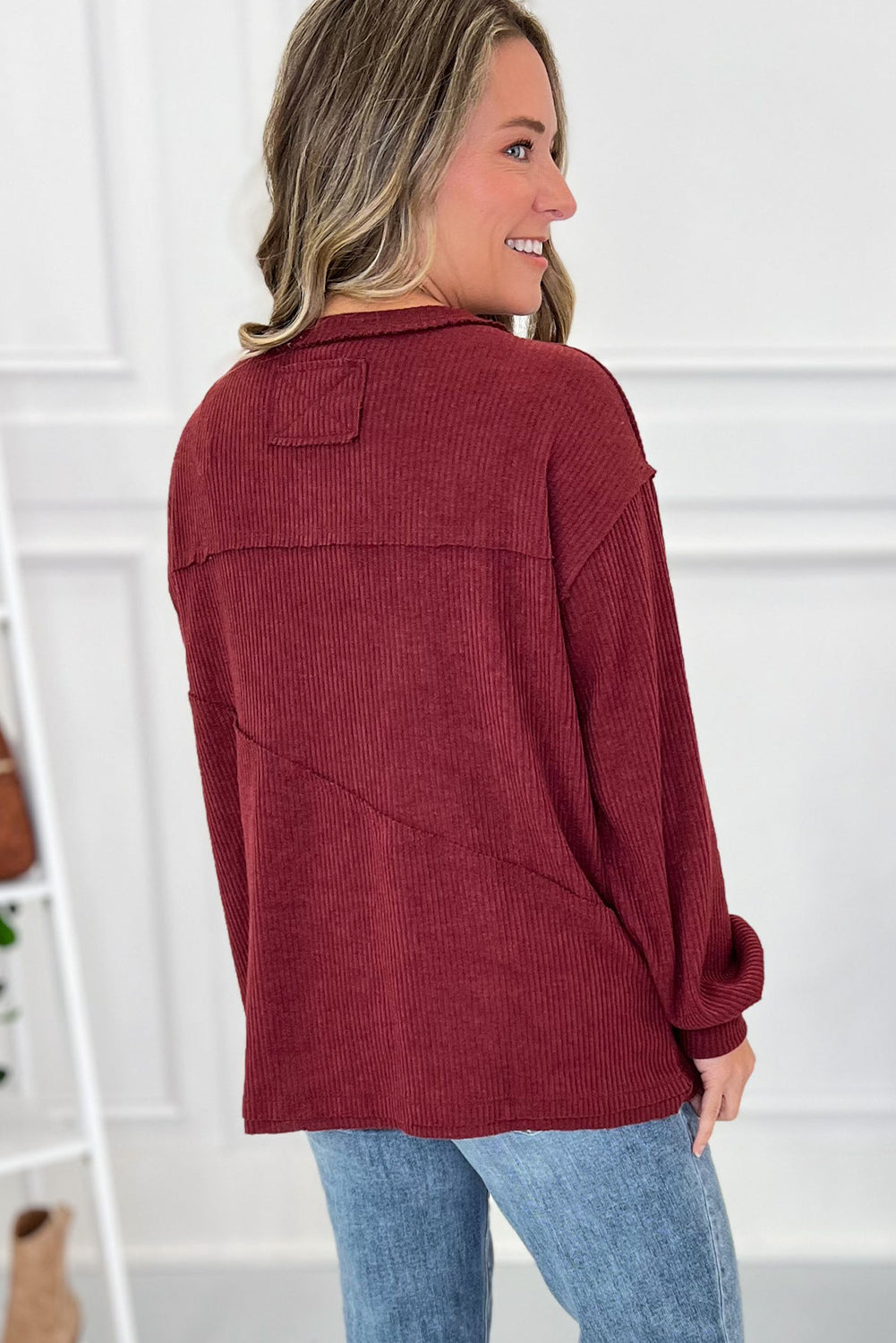 Burgundy Exposed Seam Detail Ribbed Long Sleeve Top
