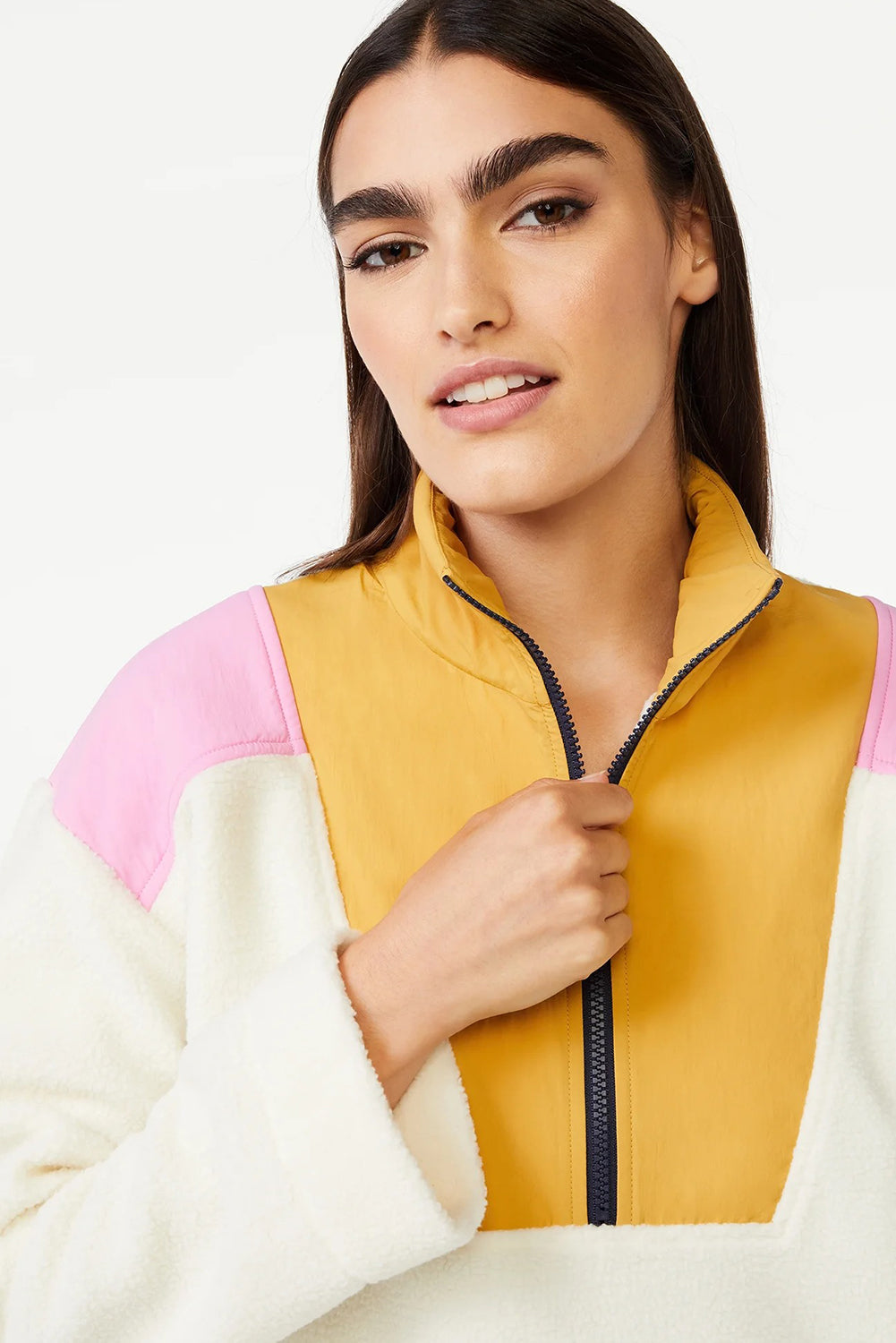 White Fleece Color Block Patchwork Half Zip Sweatshirt